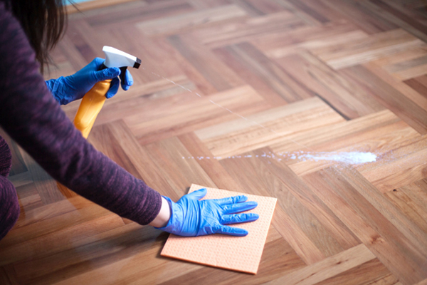 a lady is cleaning wooden floor